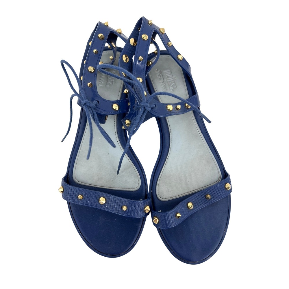 Melissa x Jason Wu Navy Blue Studded Jelly Sandals Lace Up Flat Shoes Womens 8